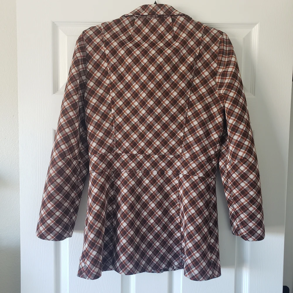 1970s M/L Vintage Dark Brown Burnt Orange Cream Autumn Fall Rust Plaid Peacoat